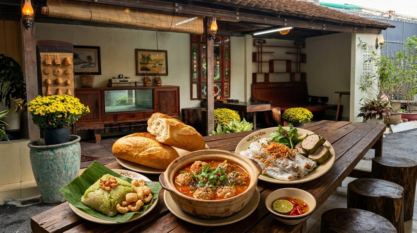 Thực đơn Bánh mì xíu mại chén, Bánh cuốn nóng và Xôi khúc lá chuối Mộc Café